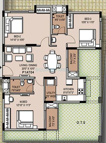 Floor plan of 3 BHK 1262 Sq. Ft. Apartment in XS Real Symphony, Chennai