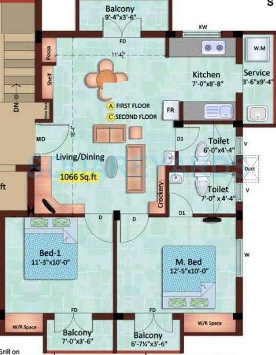 Floor plan of 2 BHK 1066 Sq. Ft. Apartment in XS Real Vibe, Chennai