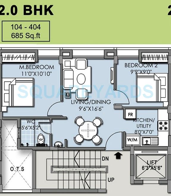 Floor plan of 2 BHK 685 Sq. Ft. Apartment in XS Real Vivacity, Chennai