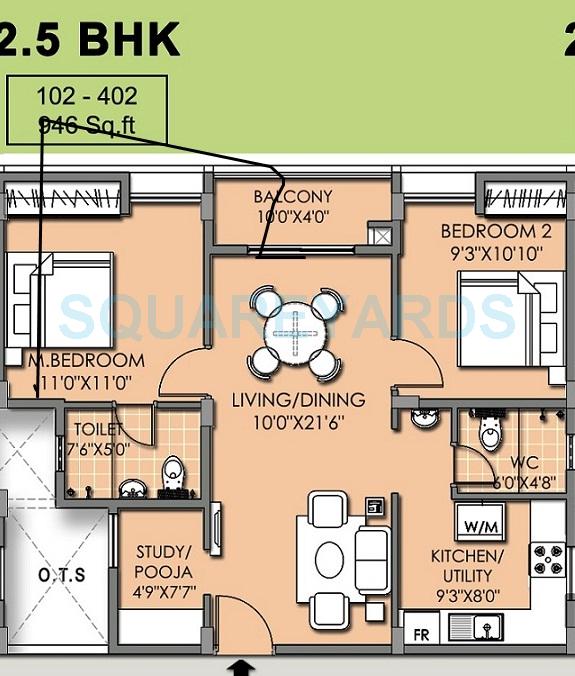 Floor plan of 2 BHK 946 Sq. Ft. Apartment in XS Real Vivacity, Chennai