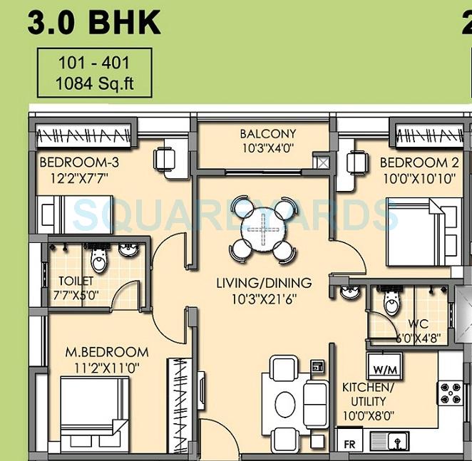 Floor plan of 3 BHK 1084 Sq. Ft. Apartment in XS Real Vivacity, Chennai