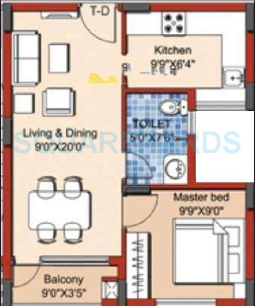 Floor plan of 1 BHK 570 Sq. Ft. Apartment in Yuga Alta, Chennai