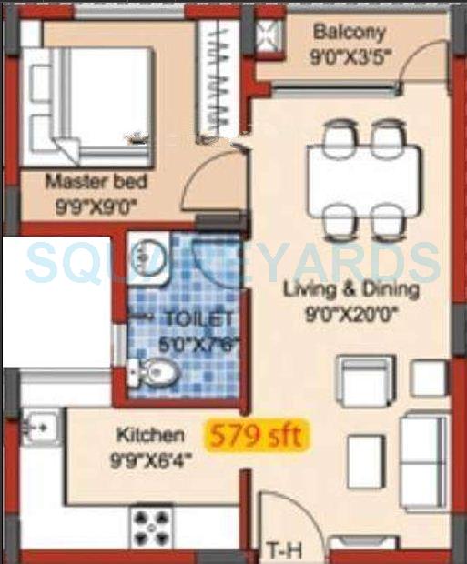 Floor plan of 1 BHK 579 Sq. Ft. Apartment in Yuga Alta, Chennai