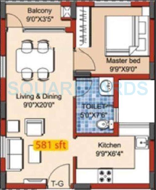 Floor plan of 1 BHK 581 Sq. Ft. Apartment in Yuga Alta, Chennai