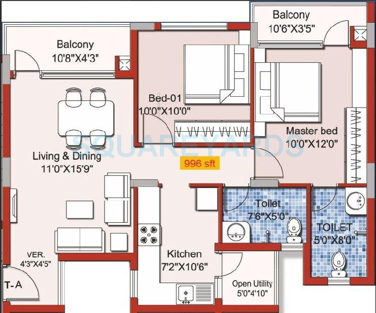 Floor plan of 2 BHK 996 Sq. Ft. Apartment in Yuga Alta, Chennai