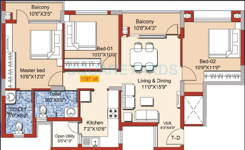 Floor plan of 3 BHK 1197 Sq. Ft. Apartment in Yuga Alta, Chennai