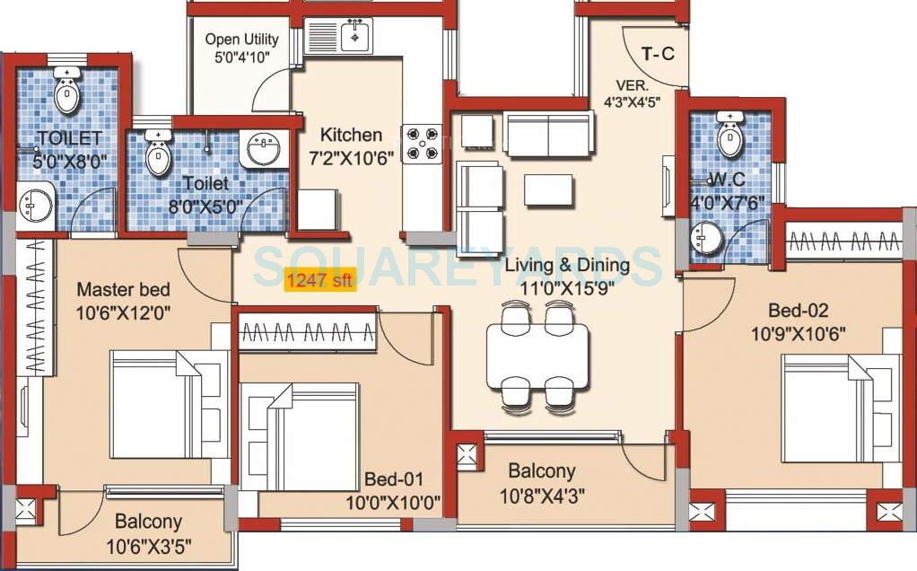 Floor plan of 3 BHK 1247 Sq. Ft. Apartment in Yuga Alta, Chennai