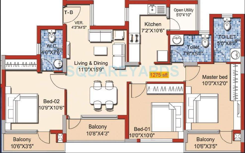 Floor plan of 3 BHK 1275 Sq. Ft. Apartment in Yuga Alta, Chennai