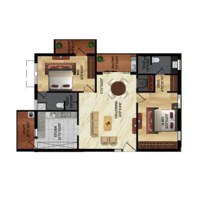 Floor plan of 2 BHK Apartment - 1287 sq. ft. in Ananyas Nana Nani Homes Phase 5, Coimbatore