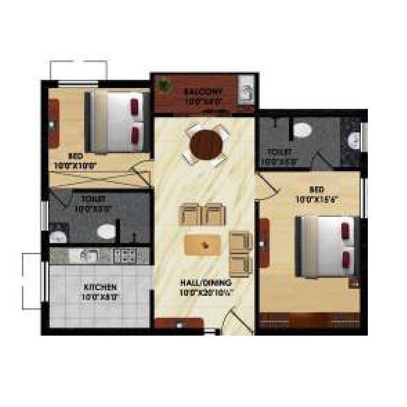 Floor plan of 2 BHK Apartment - 948 sq. ft. in Ananyas Nana Nani Homes Phase 5, Coimbatore