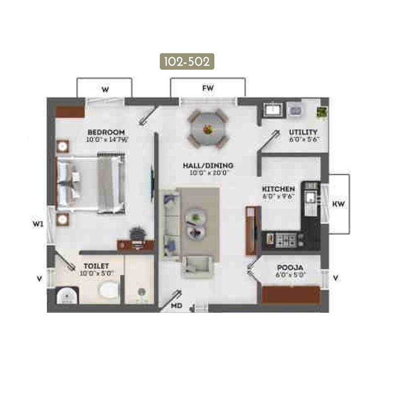 1 BHK 719 Sq. Ft. Apartment
