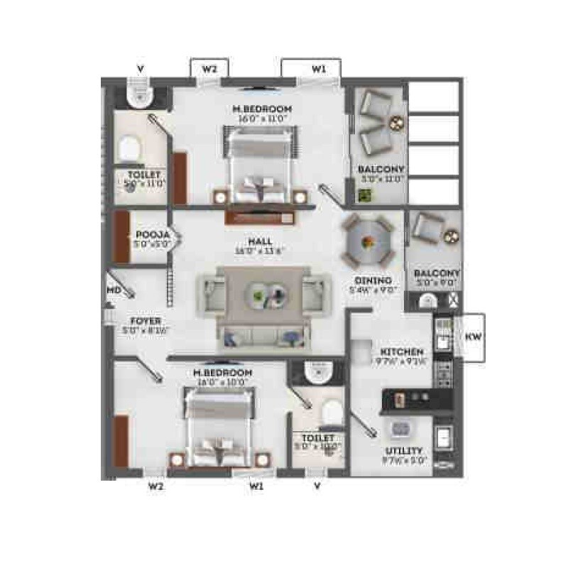 Floor plan of 2 BHK Apartment - 942 sq. ft. in Ananya Nana Nani Homes Phase 6, Coimbatore