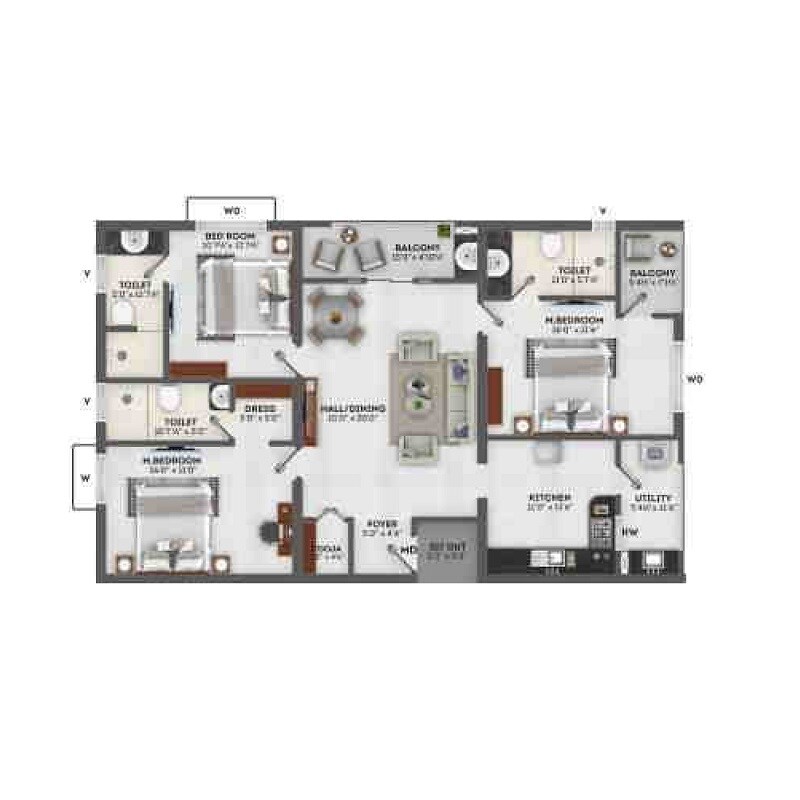 Floor plan of 3 BHK Apartment - 1365 sq. ft. in Ananya Nana Nani Homes Phase 6, Coimbatore