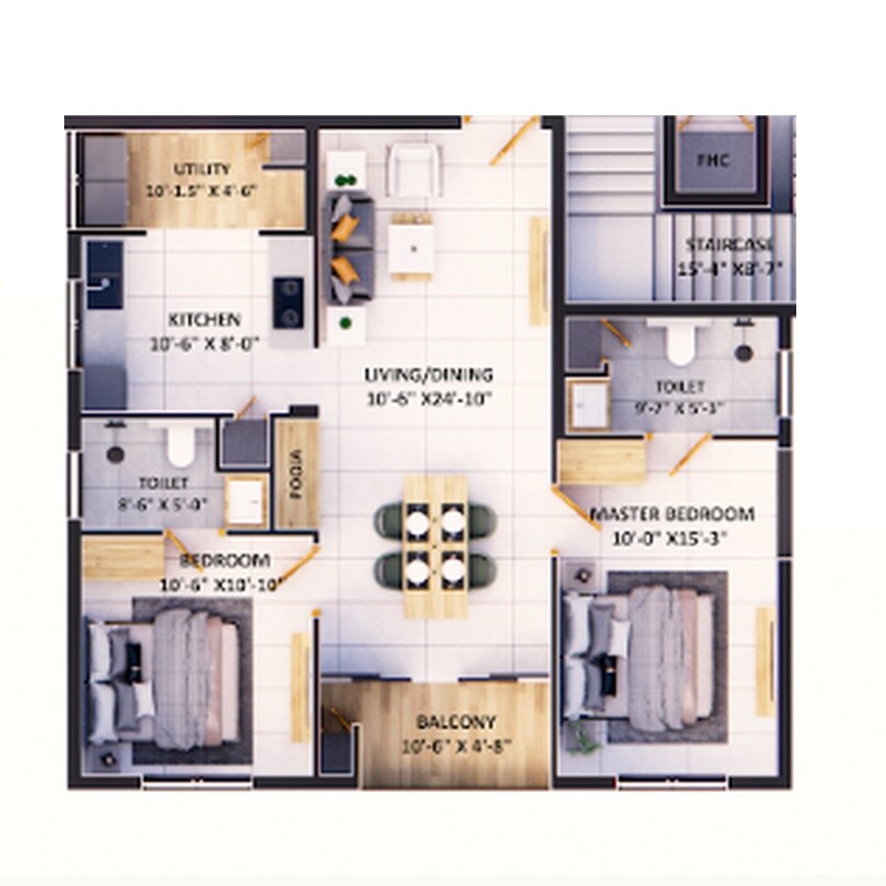 Floor plan of 2 BHK Apartment - 1119 sq. ft. in Ananyas Nana Nani Homes Phase 10, Coimbatore