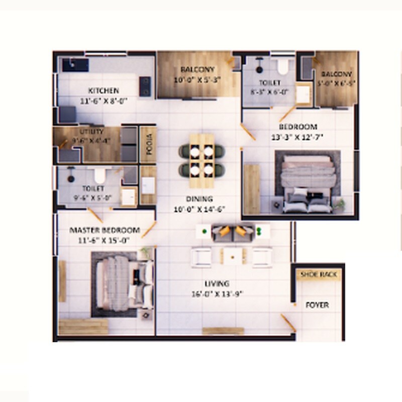 Floor plan of 2 BHK Apartment - 1464 sq. ft. in Ananyas Nana Nani Homes Phase 10, Coimbatore