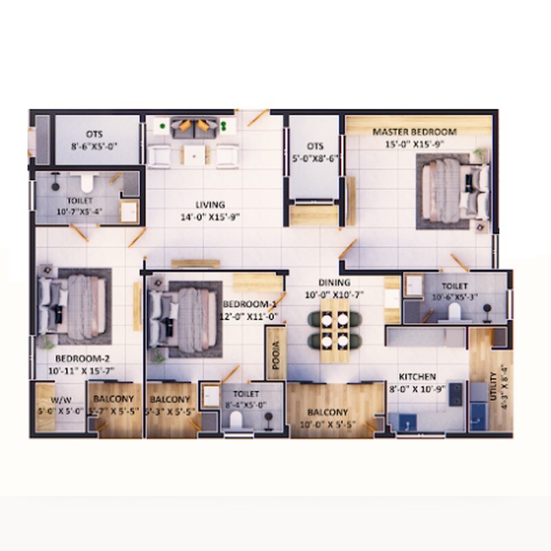 Floor plan of 3 BHK Apartment - 1815 sq. ft. in Ananyas Nana Nani Homes Phase 10, Coimbatore