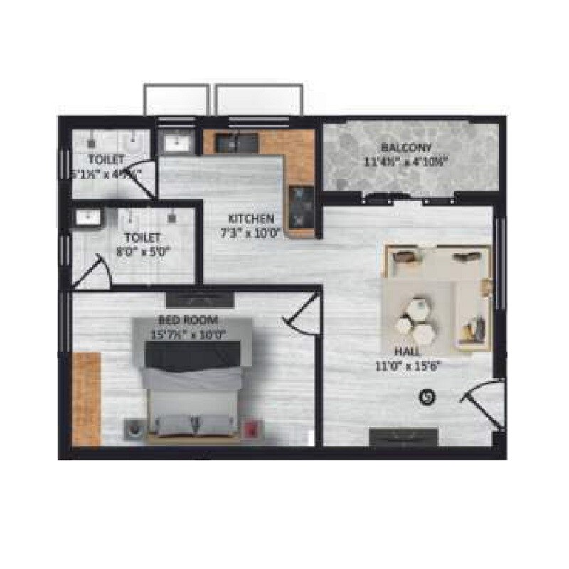 Floor plan of 1 BHK Apartment - 559 sq. ft. in Ananyas Nana Nani Homes Phase 7, Coimbatore