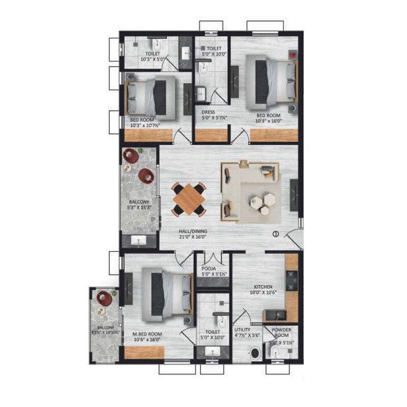 Floor plan of 3 BHK Apartment - 1345 sq. ft. in Ananyas Nana Nani Homes Phase 7, Coimbatore