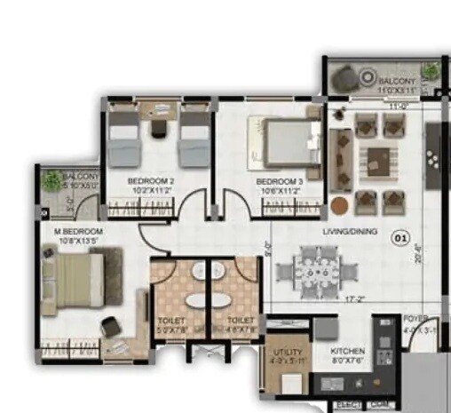 Floor plan of 3 BHK 940 Sq. Ft. Apartment in Provident Green Park, Coimbatore