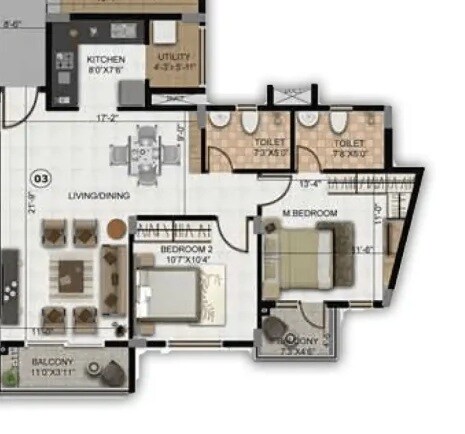 Floor plan of 3 BHK 1273 Sq. Ft. Apartment in Provident Green Park, Coimbatore