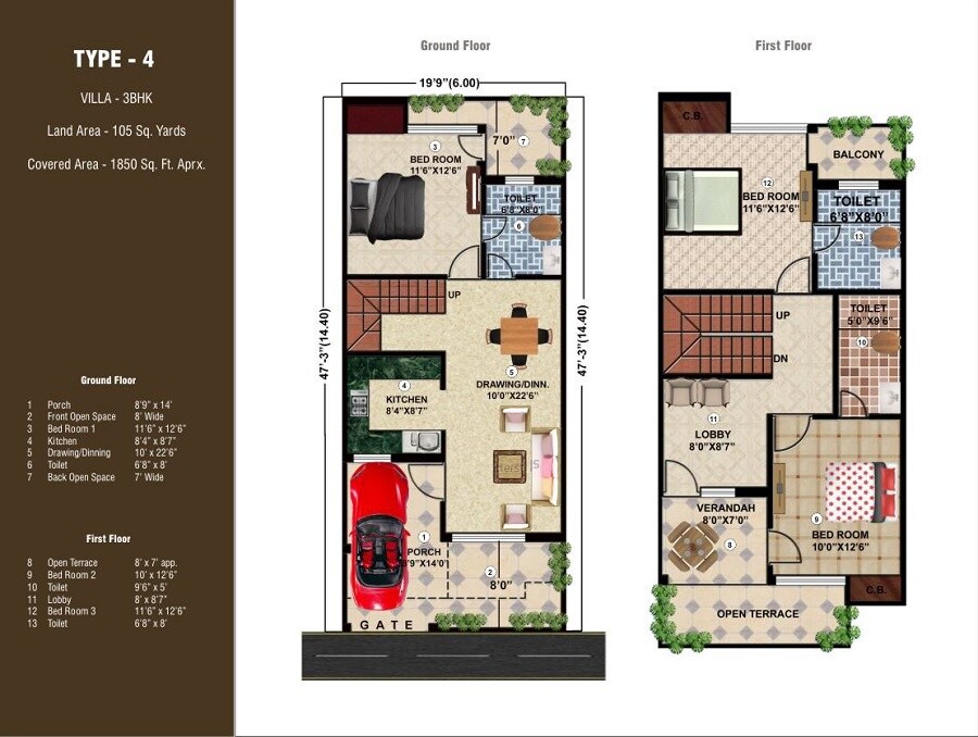 Floor plan of 3 BHK Villa - 1850 sq. ft. in Agarwal Swastik Greens, Dehradun