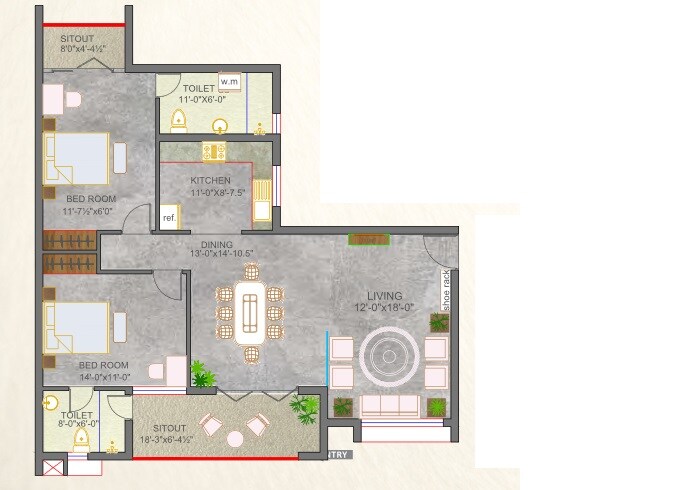 Floor plan of 2 BHK 1724 Sq. Ft. Apartment in Aradhana Greens, Dehradun