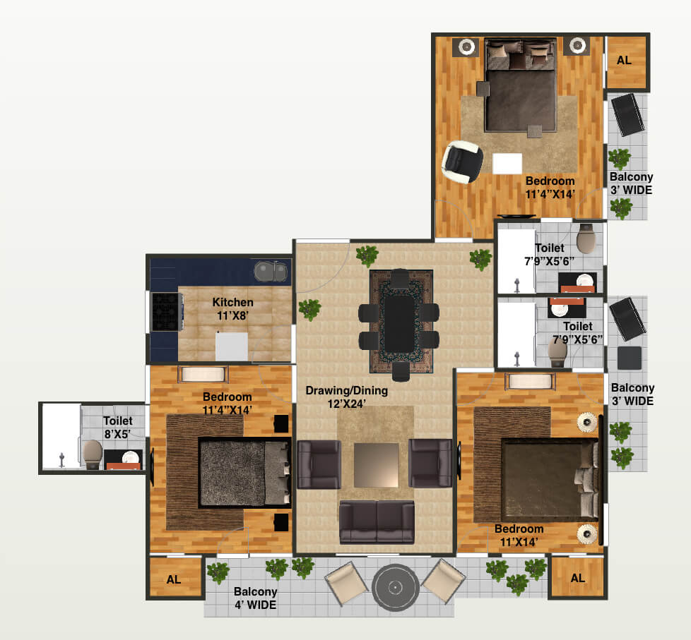Floor plan of 3 BHK 1863 Sq. Ft. Apartment in Capital Greenz, Dehradun