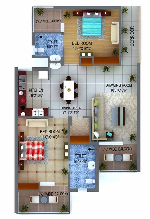 Floor plan of 2 BHK 1306 Sq. Ft. Apartment in Capital Heights Niranjanpur, Dehradun