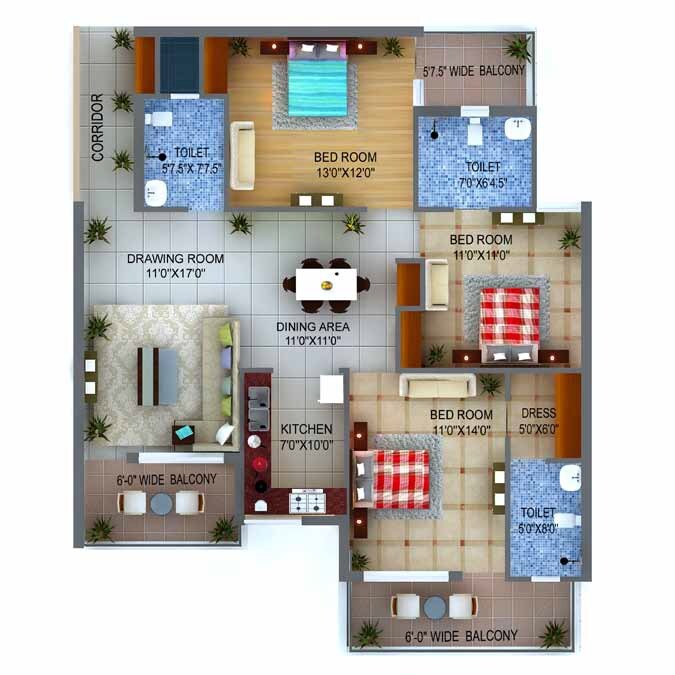 Floor plan of 3 BHK 1794 Sq. Ft. Apartment in Capital Heights Niranjanpur, Dehradun
