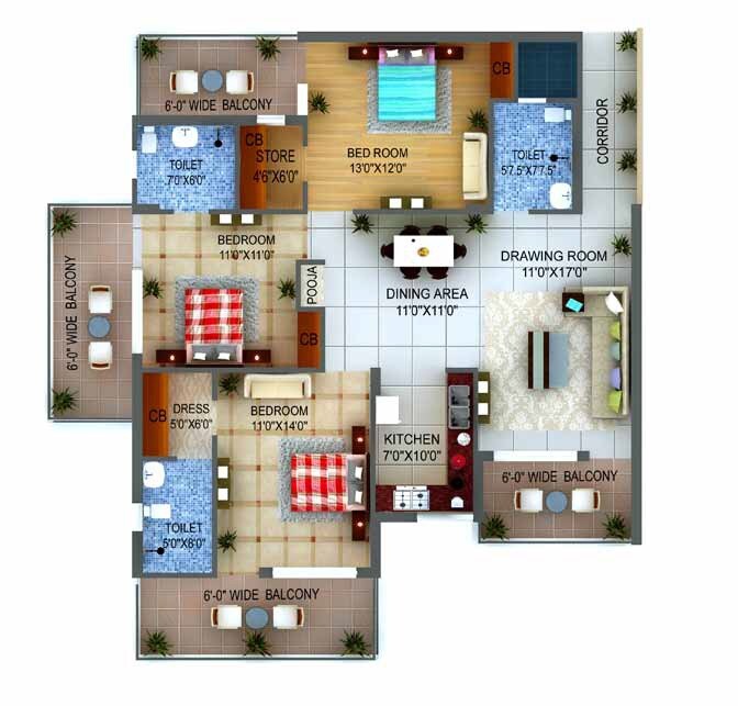 Floor plan of 3 BHK 1951 Sq. Ft. Apartment in Capital Heights Niranjanpur, Dehradun
