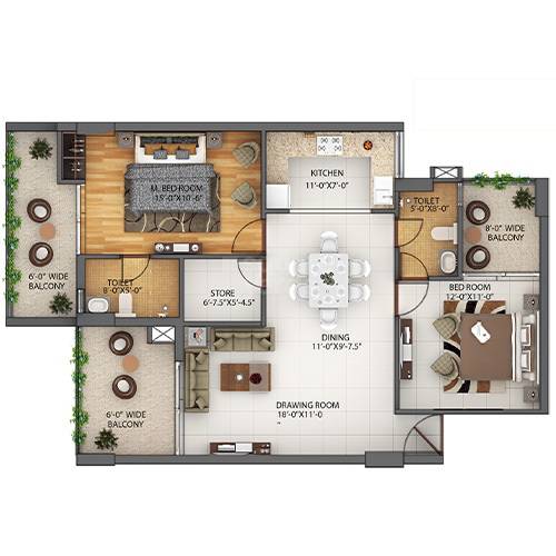 Floor plan of 2 BHK 1485 Sq. Ft. Apartment in Capital Paradise, Dehradun