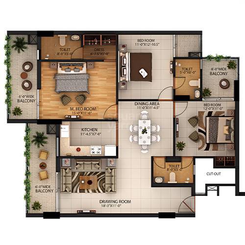 Floor plan of 3 BHK 2050 Sq. Ft. Apartment in Capital Paradise, Dehradun