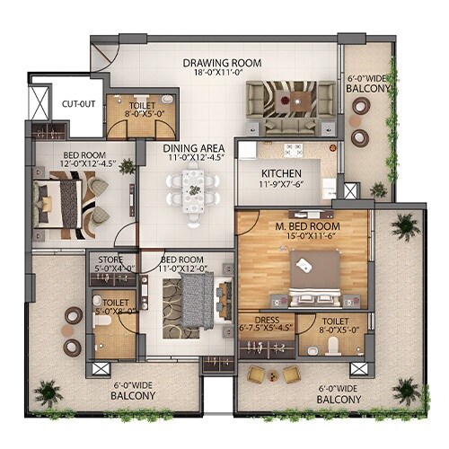 Floor plan of 3 BHK 2260 Sq. Ft. Apartment in Capital Paradise, Dehradun