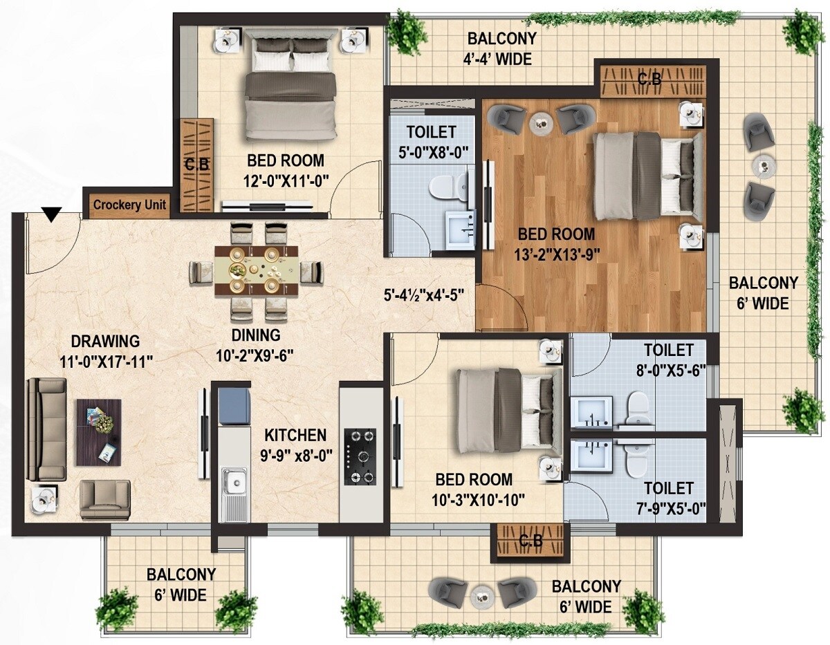 Floor plan of 3 BHK 2200 Sq. Ft. Apartment in Capital Royal Casa, Dehradun