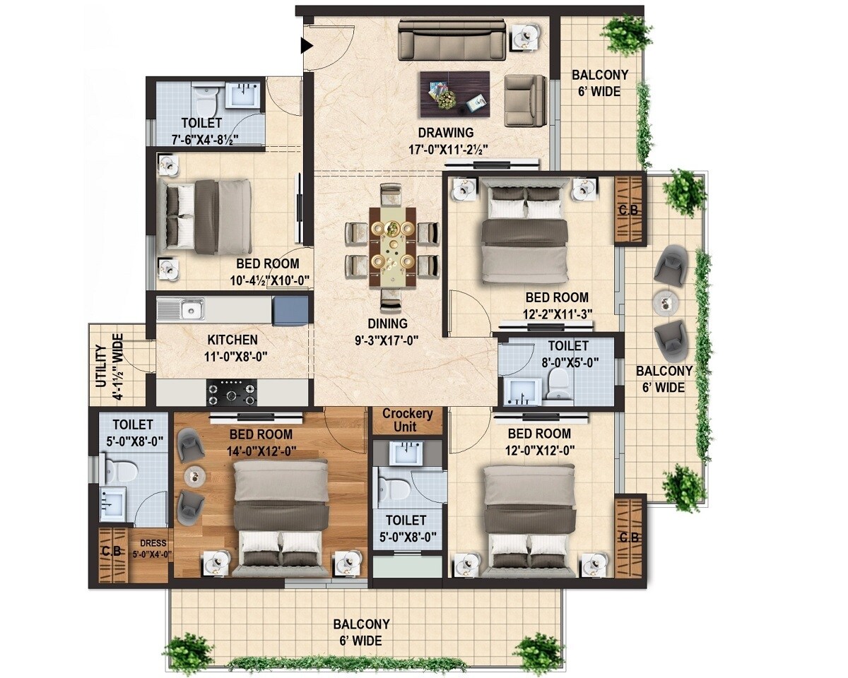 Floor plan of 4 BHK 2572 Sq. Ft. Apartment in Capital Royal Casa, Dehradun