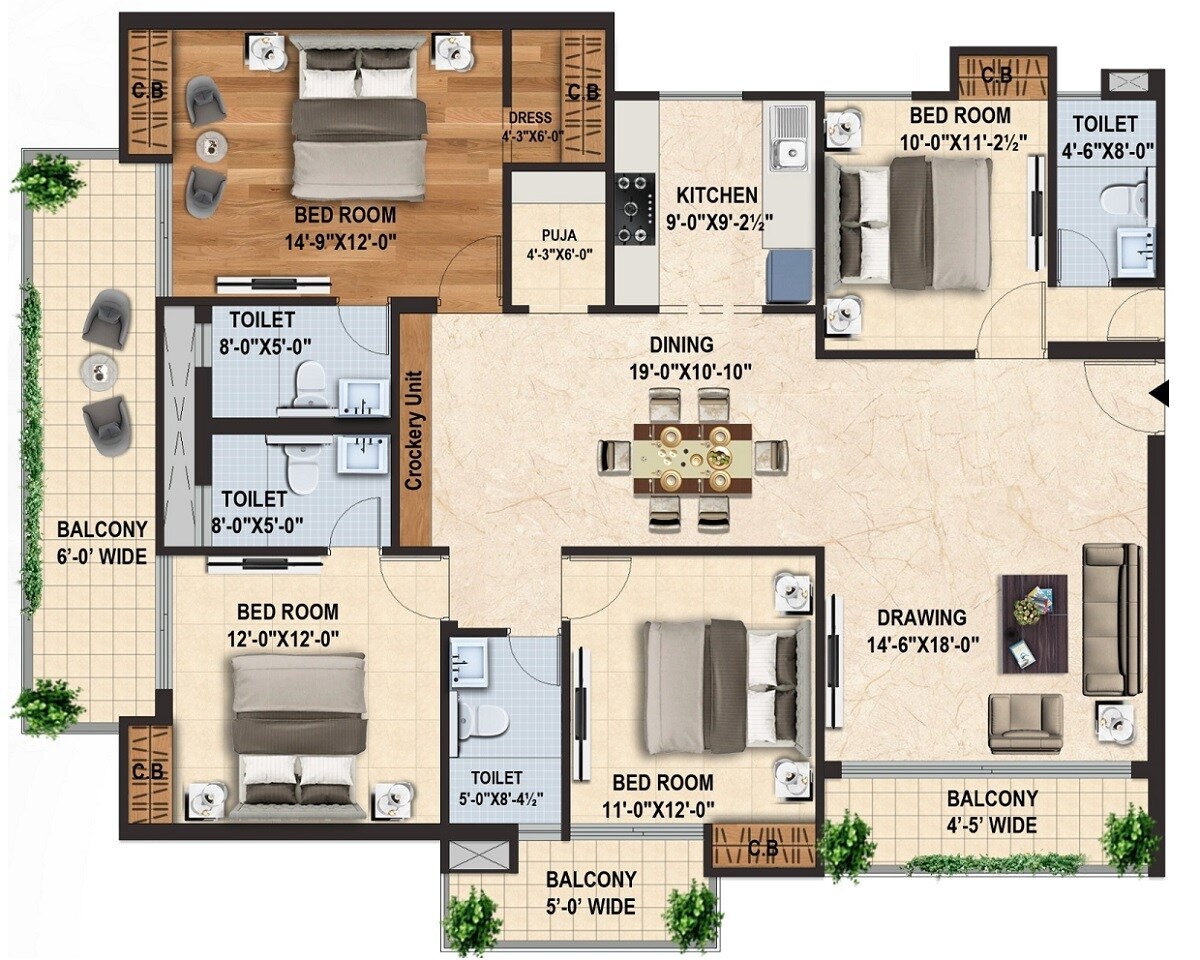 Floor plan of 4 BHK 2900 Sq. Ft. Apartment in Capital Royal Casa, Dehradun