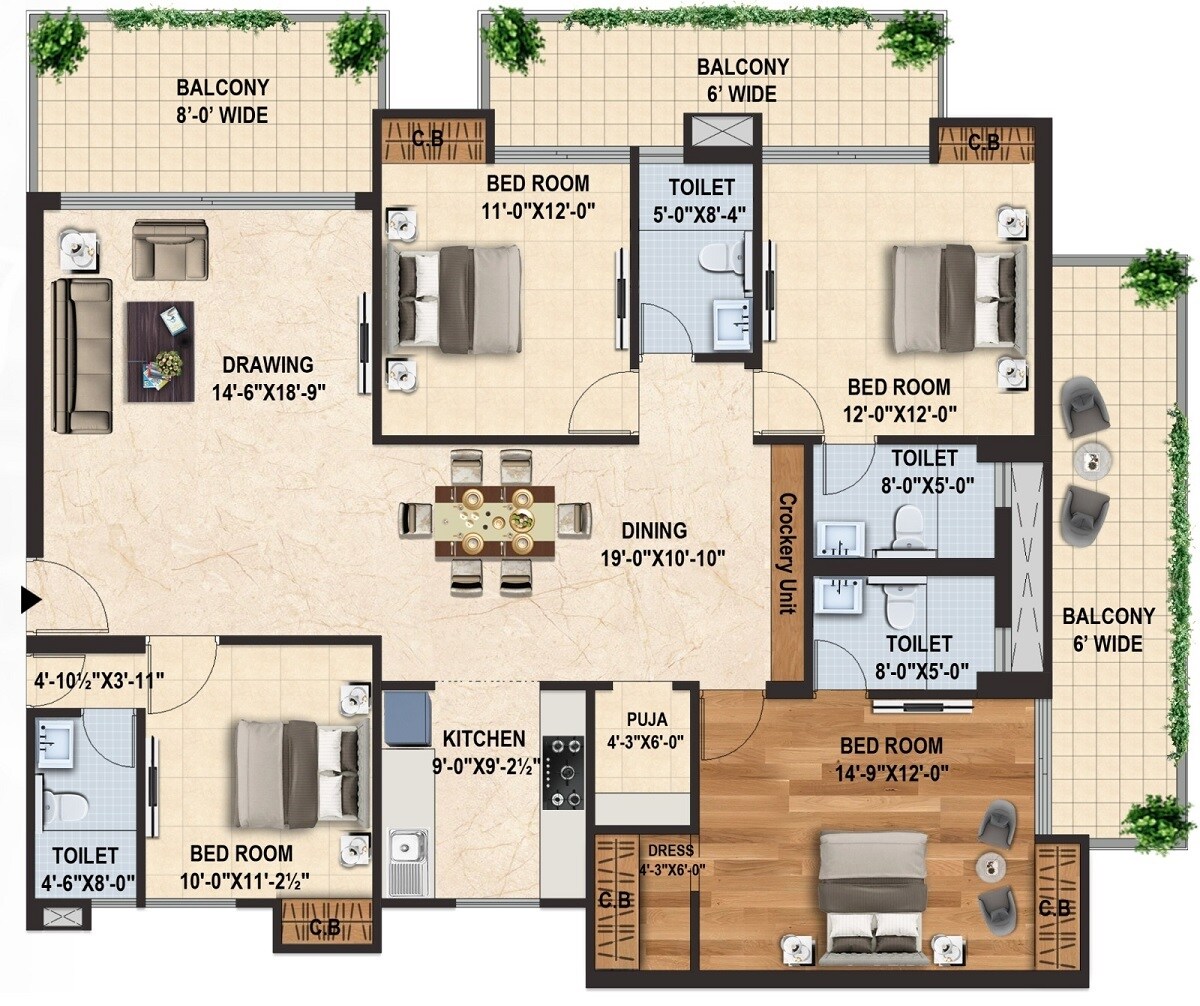 Floor plan of 4 BHK 2950 Sq. Ft. Apartment in Capital Royal Casa, Dehradun