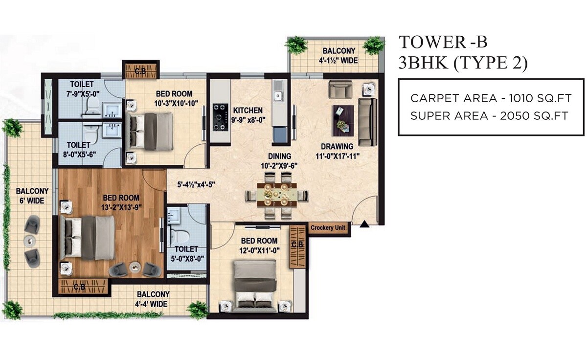 Floor plan of 3 BHK 2050 Sq. Ft. Apartment in Capital Royal Casa, Dehradun