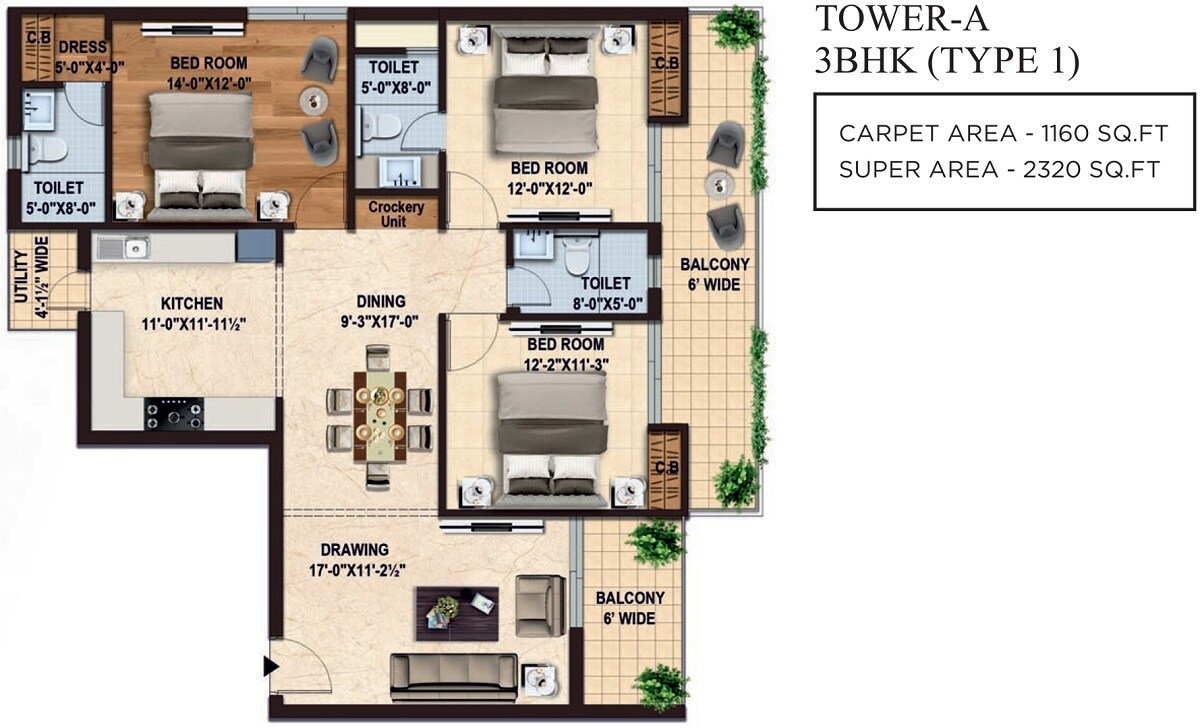 Floor plan of 3 BHK 2320 Sq. Ft. Apartment in Capital Royal Casa, Dehradun