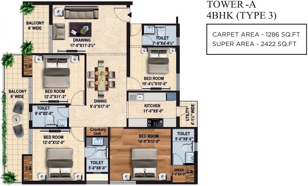 Floor plan of 4 BHK 2422 Sq. Ft. Apartment in Capital Royal Casa, Dehradun