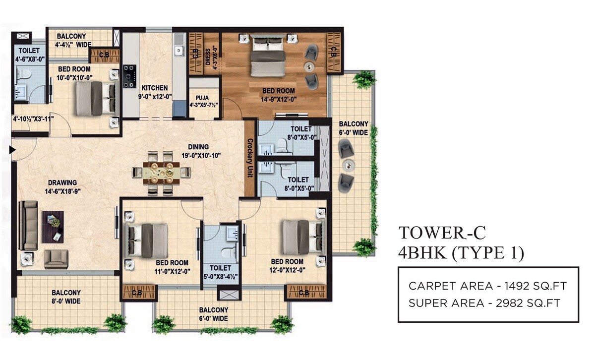 Floor plan of 4 BHK 2982 Sq. Ft. Apartment in Capital Royal Casa, Dehradun