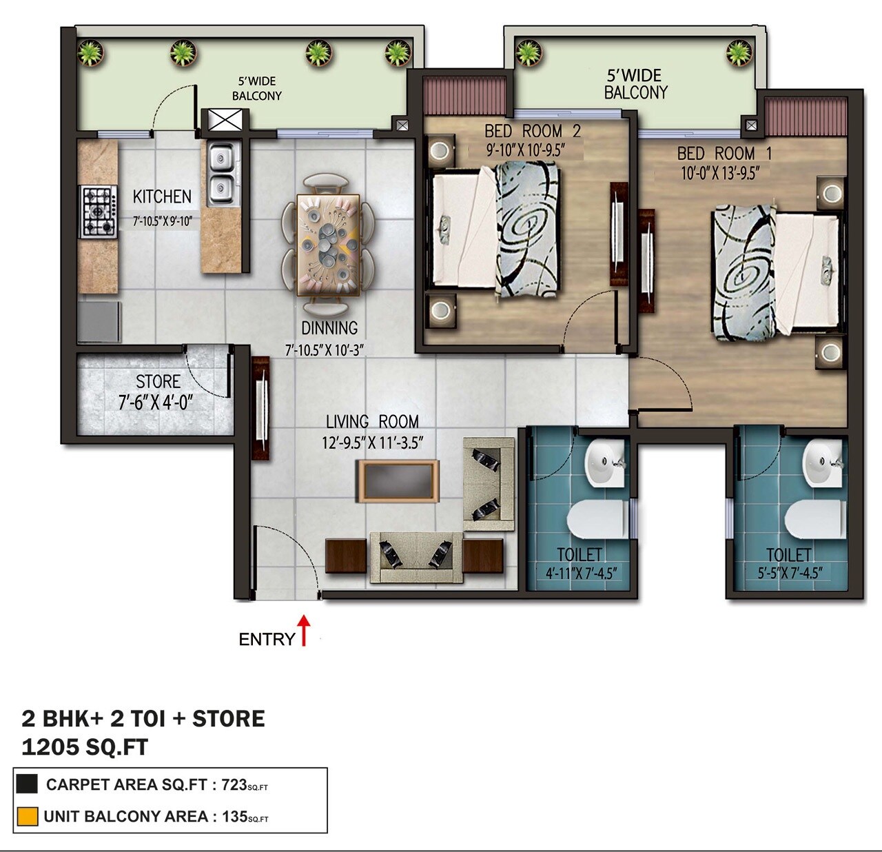 Floor plan of 2 BHK 1205 Sq. Ft. Apartment in Earthcon Rajpur Greens, Dehradun
