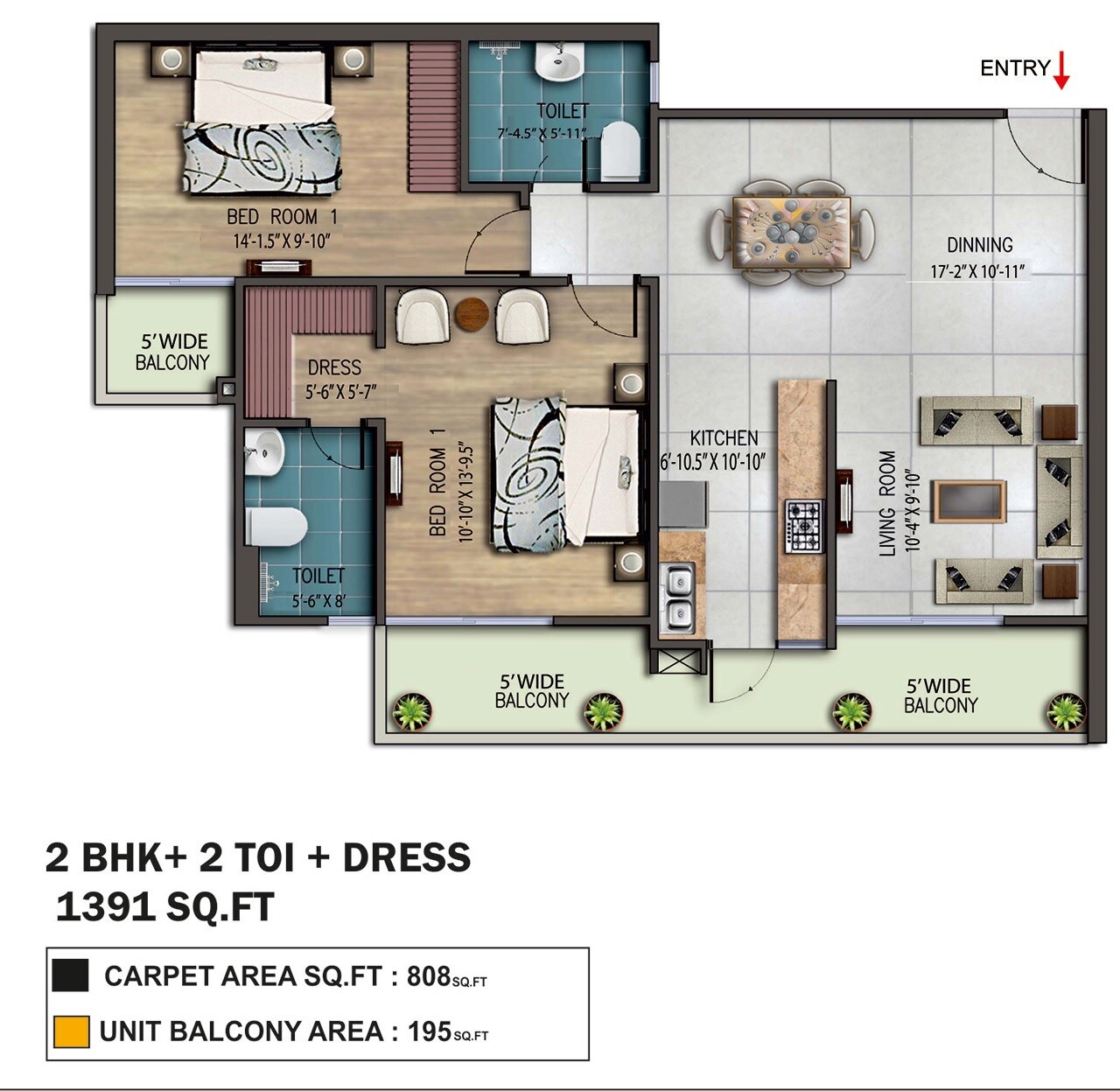 Floor plan of 2 BHK 1391 Sq. Ft. Apartment in Earthcon Rajpur Greens, Dehradun