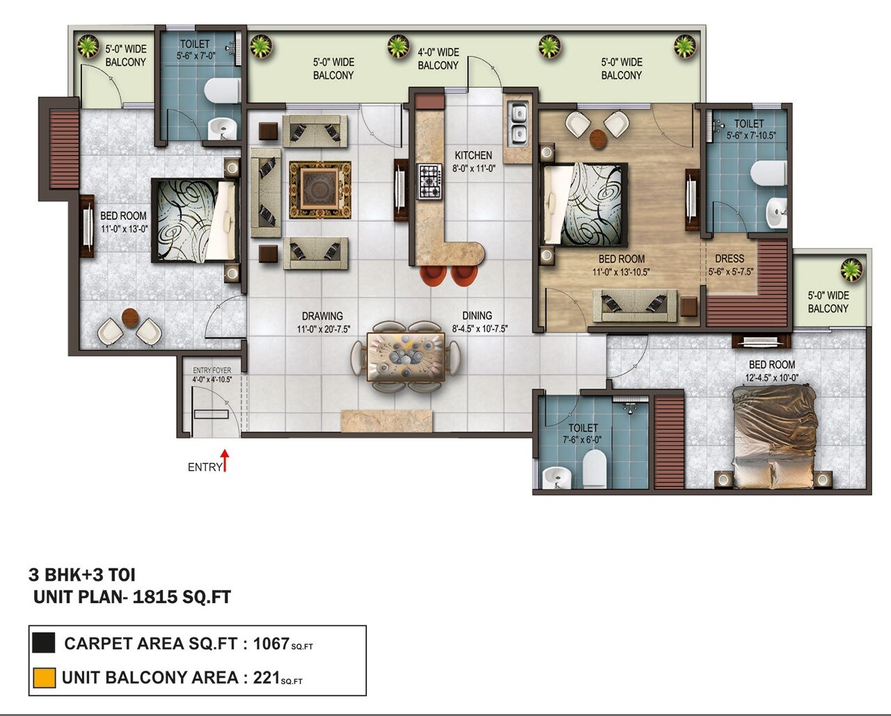 Floor plan of 3 BHK 1815 Sq. Ft. Apartment in Earthcon Rajpur Greens, Dehradun
