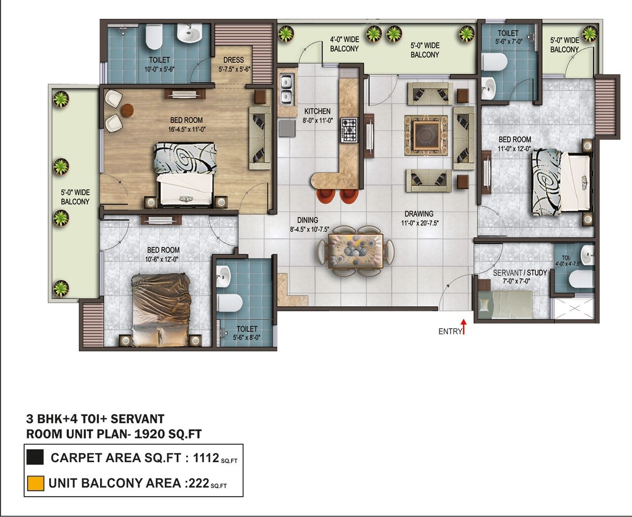 Floor plan of 3 BHK 1920 Sq. Ft. Apartment in Earthcon Rajpur Greens, Dehradun