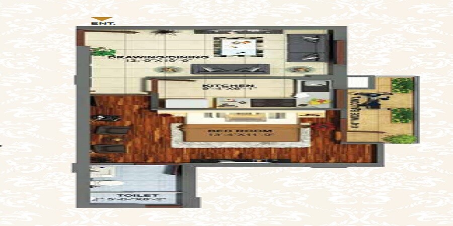 Floor plan of 1 BHK 672 Sq. Ft. Apartment in Golden Arcadia Hillocks, Dehradun