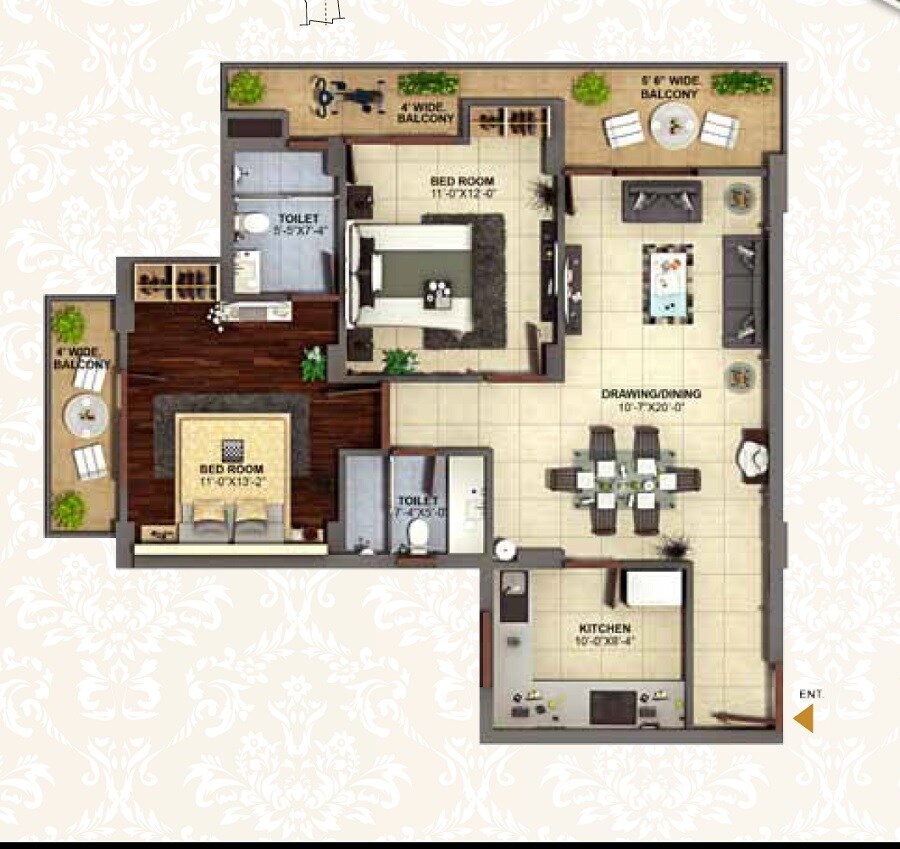 Floor plan of 2 BHK 1321 Sq. Ft. Apartment in Golden Arcadia Hillocks, Dehradun