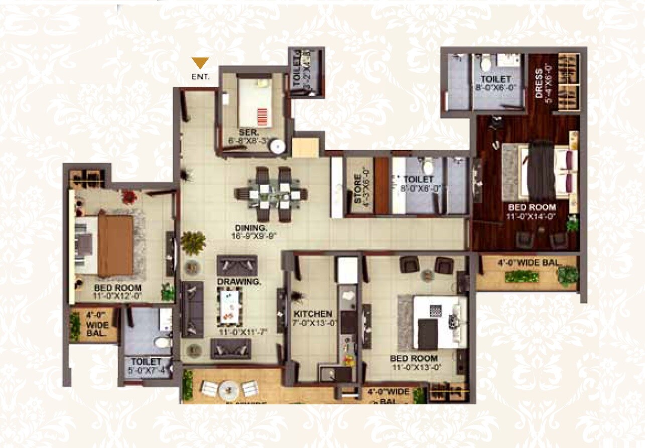 Floor plan of 3 BHK 1929 Sq. Ft. Apartment in Golden Arcadia Hillocks, Dehradun
