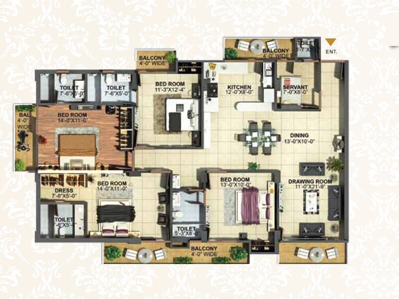 Floor plan of 4 BHK 2373 Sq. Ft. Apartment in Golden Arcadia Hillocks, Dehradun