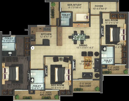 Floor plan of 3 BHK 1990 Sq. Ft. Apartment in Lamane Impereial Heights, Dehradun